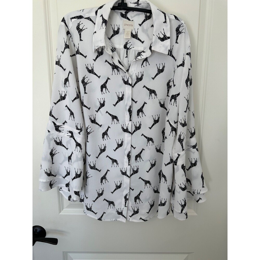 Chico’s Giraffe Pattern Blouse Flared Sleeve White Black Chico’s 2 (Large / 12)
